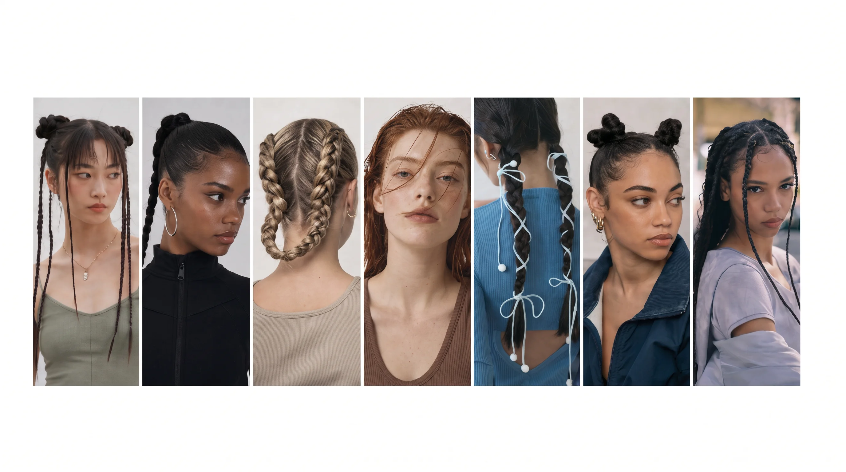 A board of seven hairstyle references: long braids with ribbon, high buns, slicked-back plaits and wet looks
