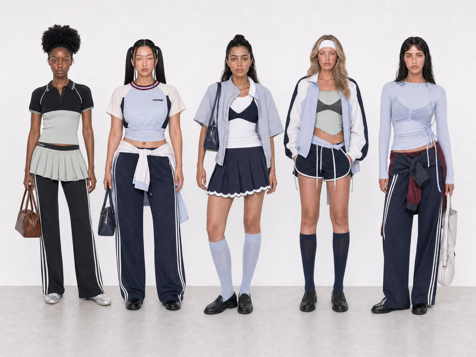 The five-model cast in the finished campaign styling, shot as a full-body lineup in a white studio