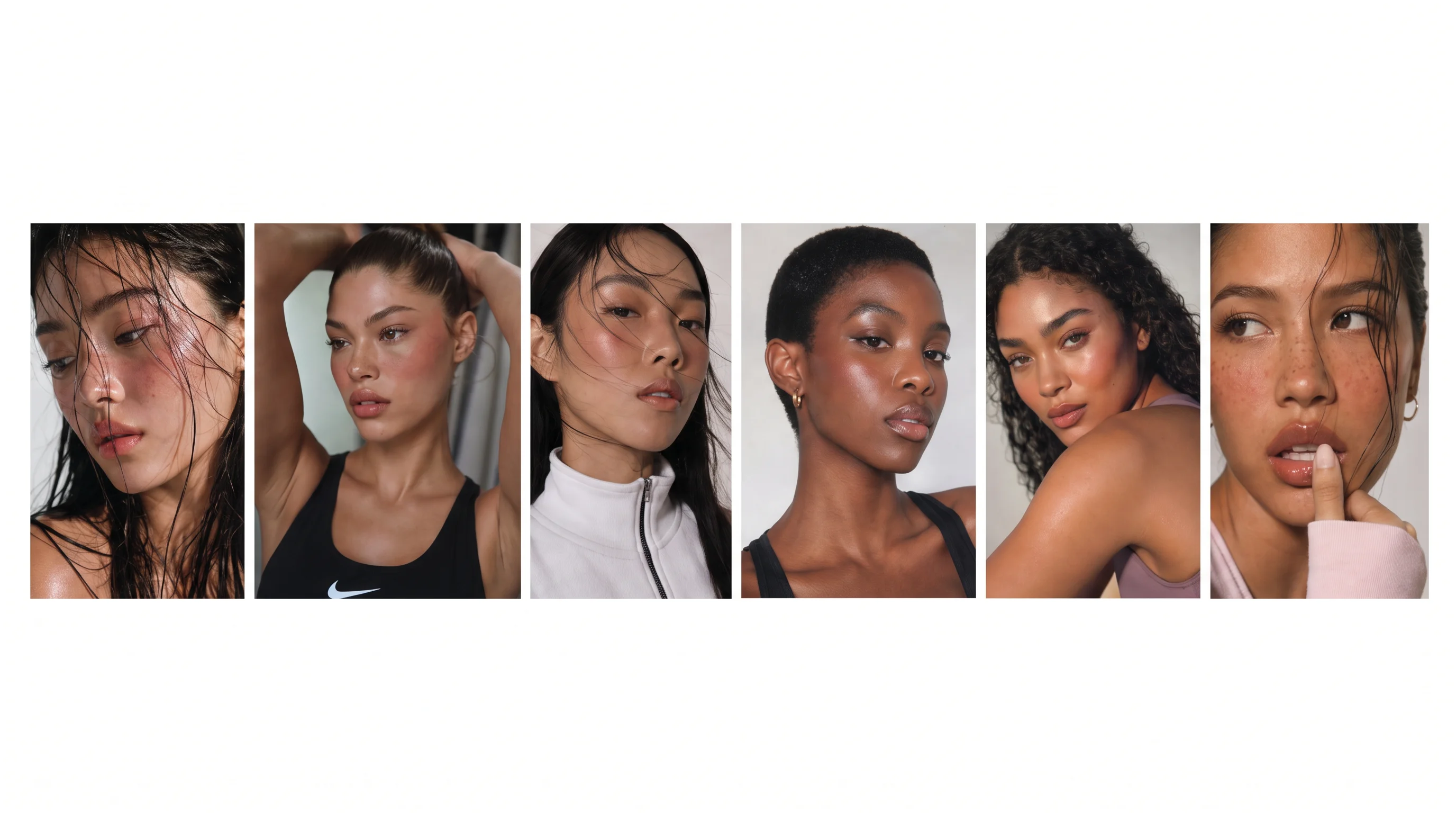 A board of six beauty references, all dewy skin and wet-look hair across a mixed cast