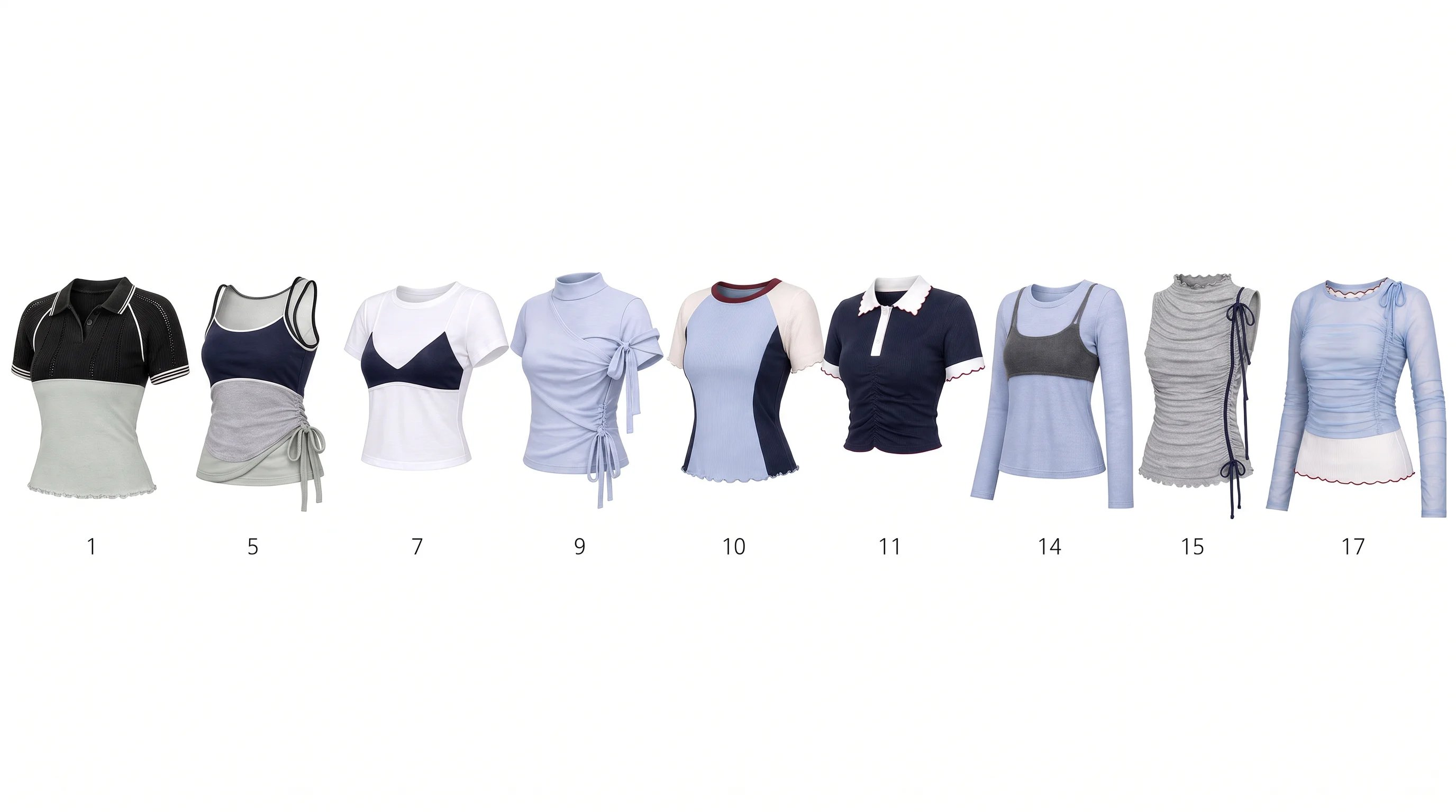 Nine generated tops laid out as product shots on white, numbered 1, 5, 7, 9, 10, 11, 14, 15 and 17