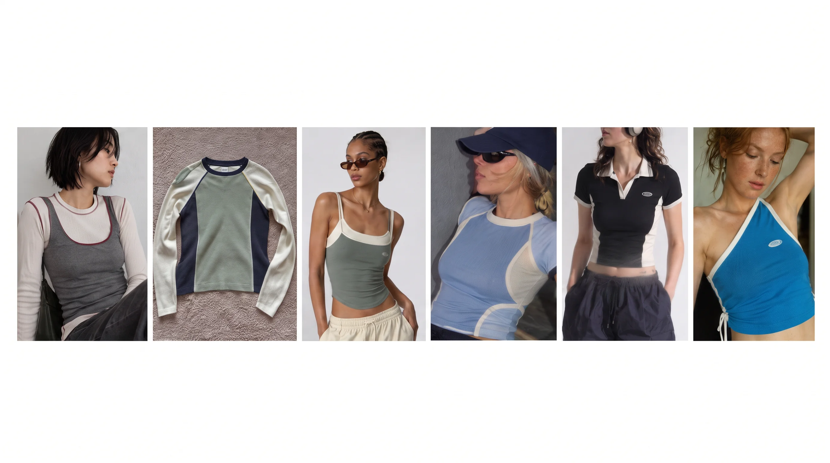 A board of six reference tops: color-blocked knits, sheer panelled tees and a cropped polo