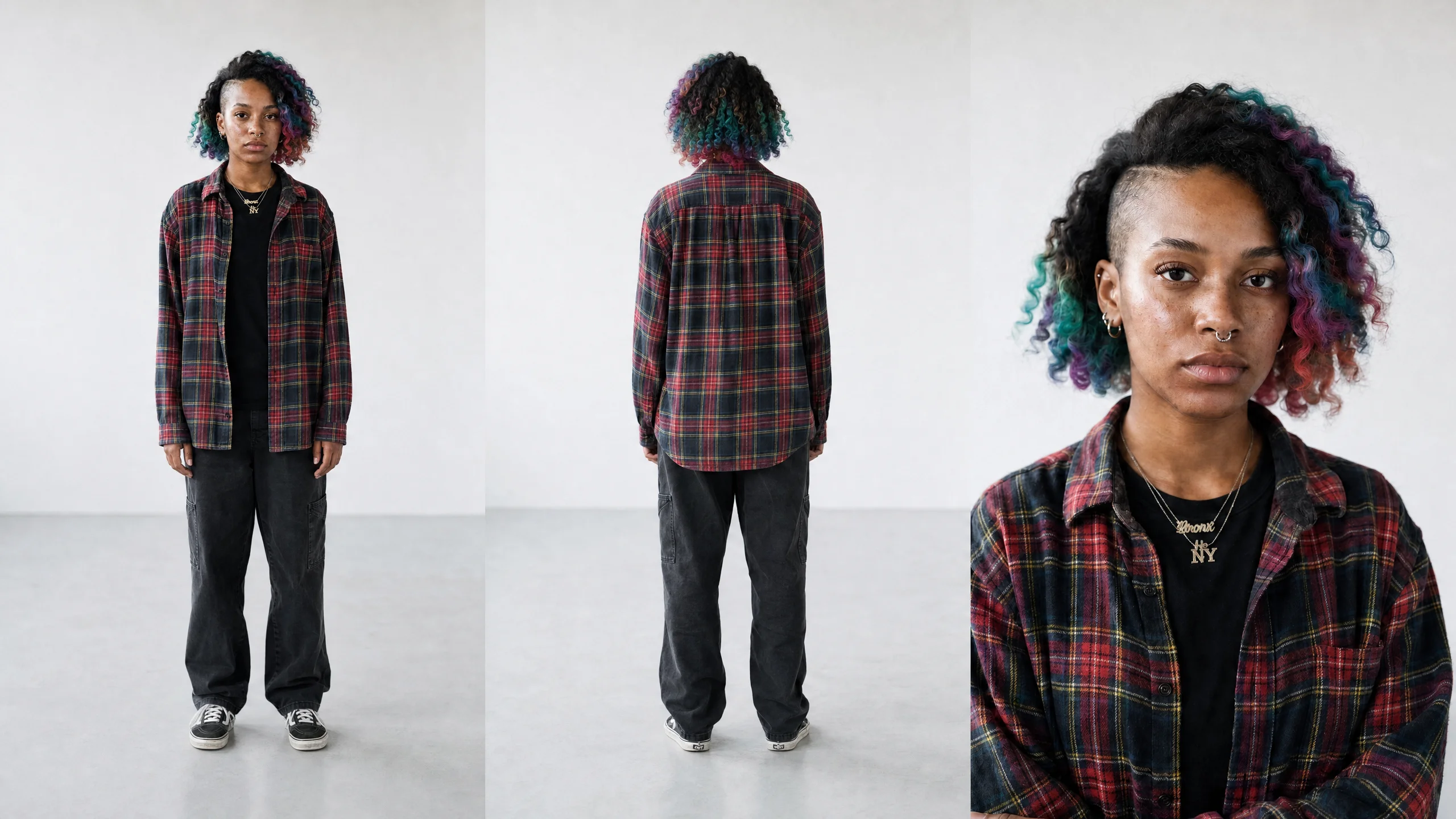 Character sheet for a third character with rainbow curls and a red plaid shirt, made with the same skill