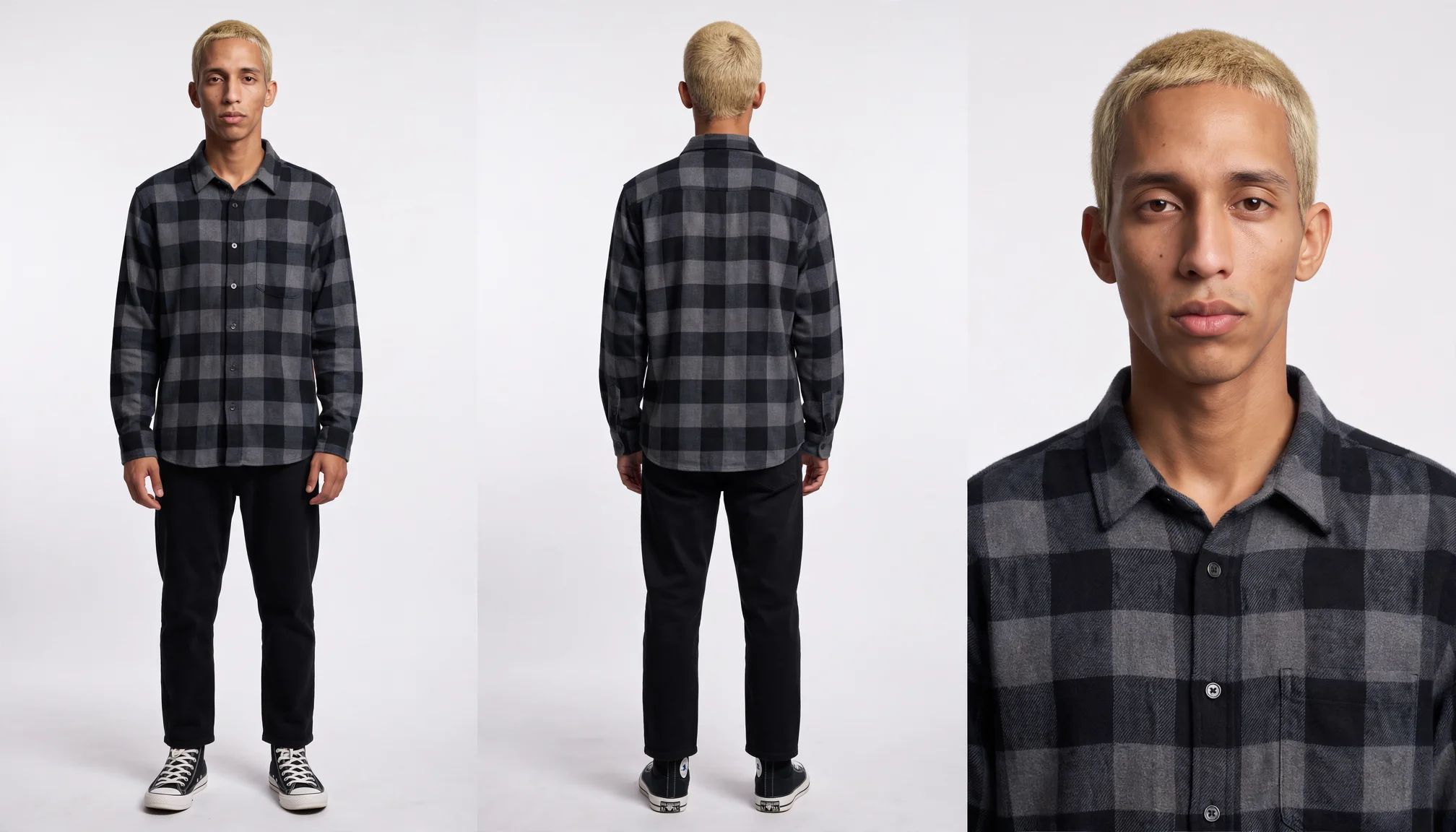 Character sheet for the man in plaid: front view, back view and close-up