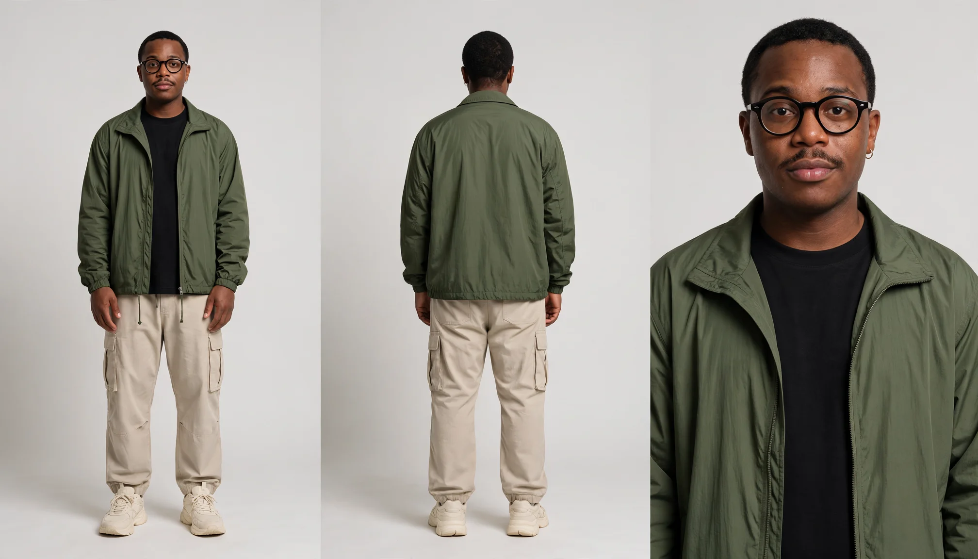 Character sheet for the man in glasses: front view, back view and close-up