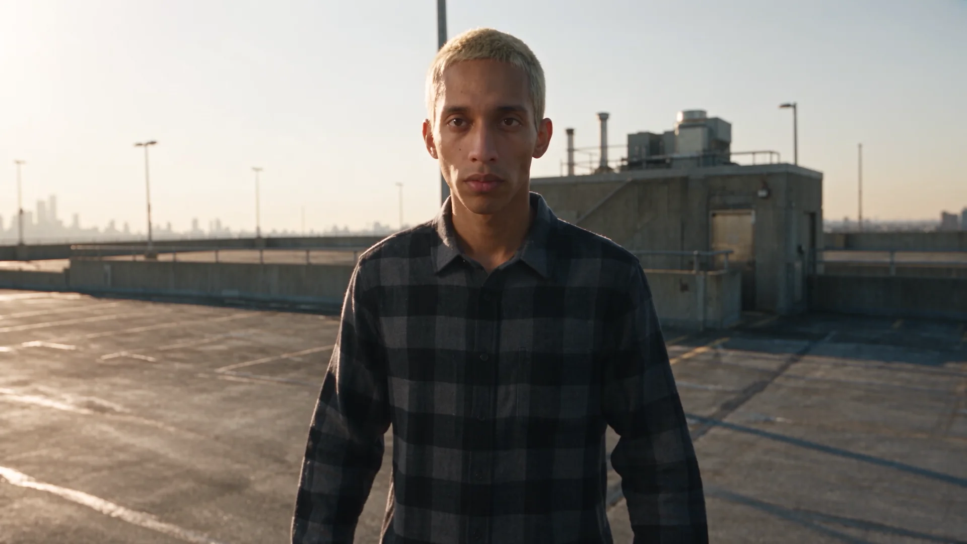 Front angle medium shot of the man in plaid on the parking deck