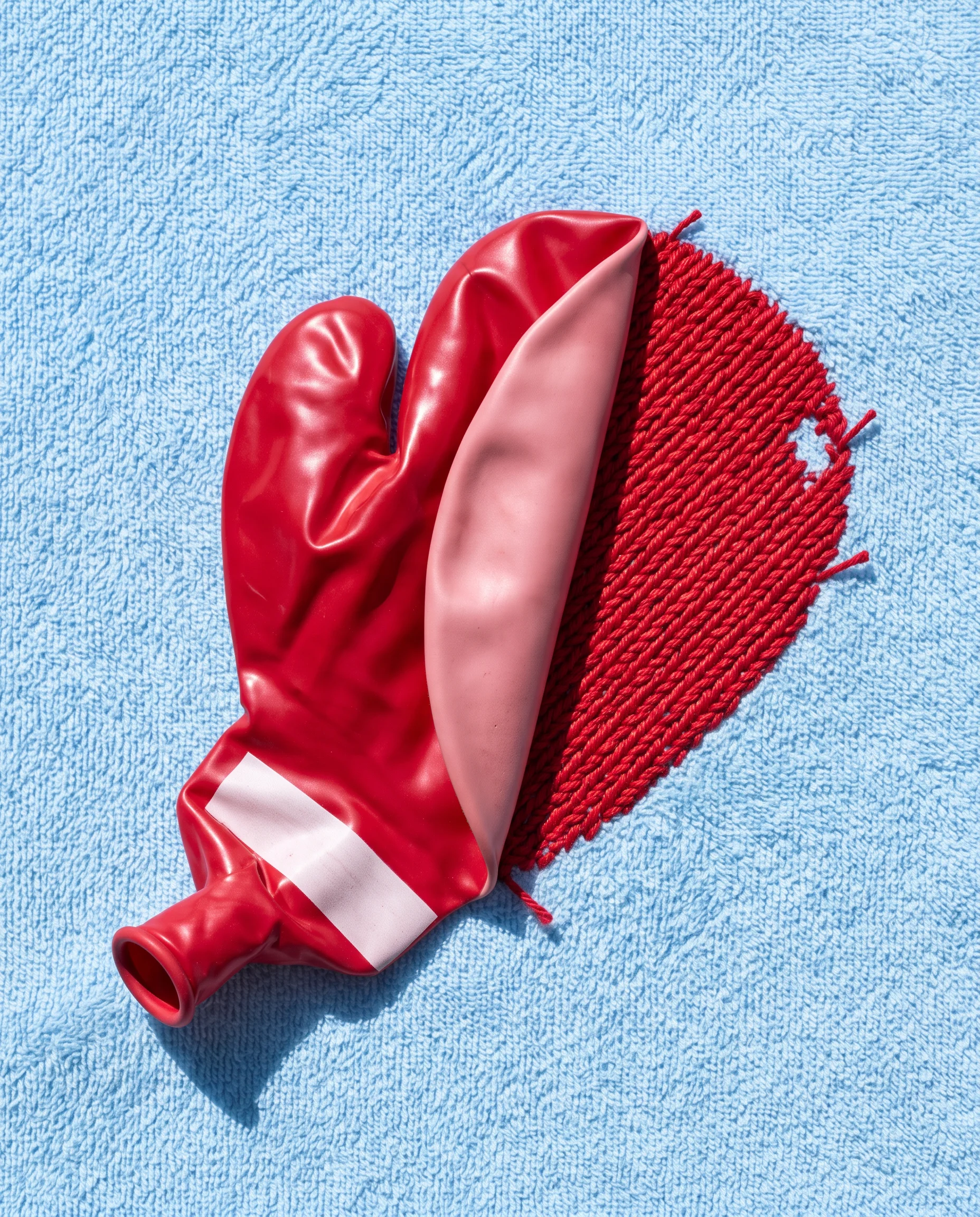 A deflated red boxing glove balloon on blue terry cloth, half of it folded back to show the same glove stitched in red needlepoint underneath.