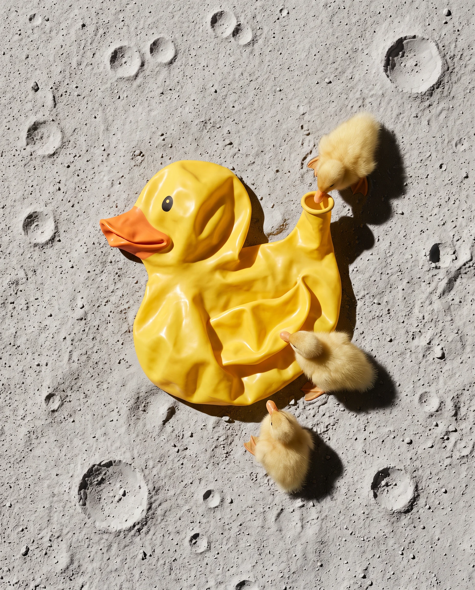 A deflated yellow rubber duck balloon lies on gray cratered lunar dust, seen from above, with three real ducklings around it and one perched at the balloon’s neck.