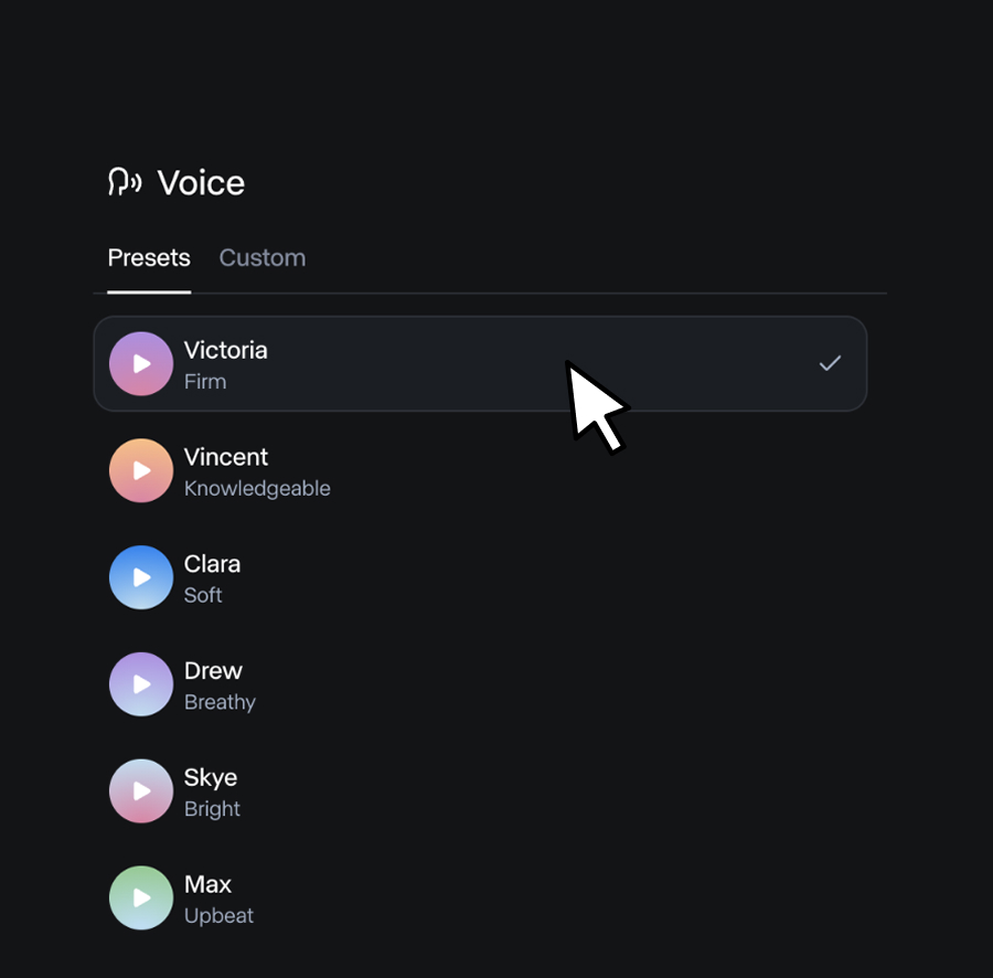 Pick a voice, or clone from a sample.