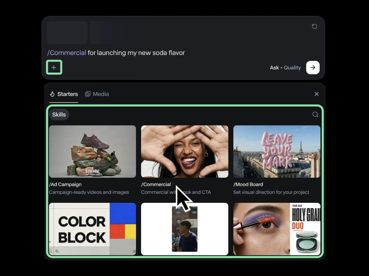 The Skills picker showing Ad Campaign, Commercial and Mood Board