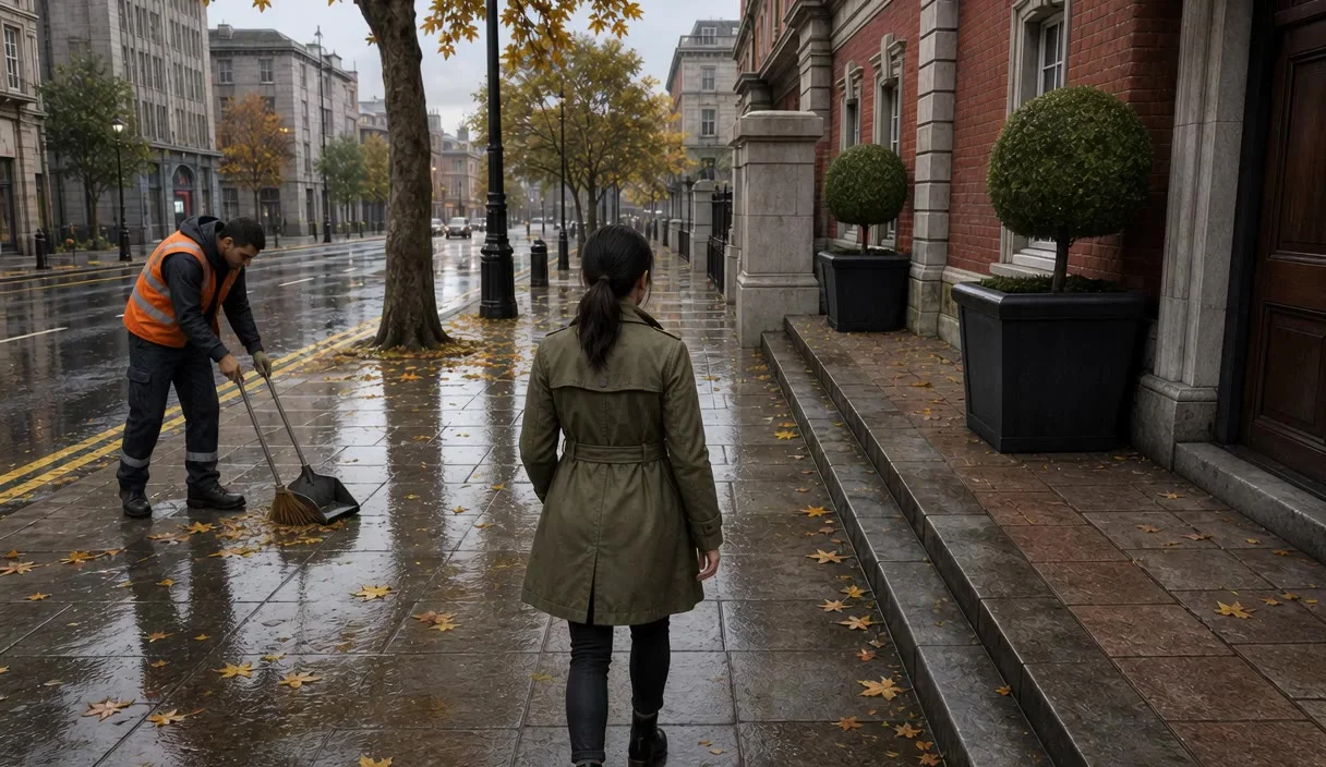 First frame of the example session: a street sweeper on the left and a woman in a green trench coat walking away down a wet pavement.